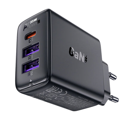 Acefast A57 Network Charger, 35W, 3A, 2 x USB-A - 1 x USB-C, Black