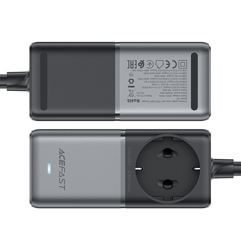 Acefast Z2 GaN-Netzwerkladegerät, 4000 W, 5 A, 1 x Schuko – 2 x USB-A – 3 x USB-C, Grau