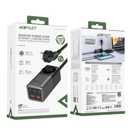 Acefast Z2 GaN-Netzwerkladegerät, 4000 W, 5 A, 1 x Schuko – 2 x USB-A – 3 x USB-C, Grau