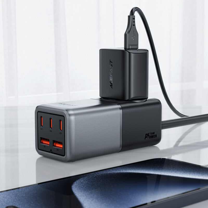 Acefast Z2 GaN-Netzwerkladegerät, 4000 W, 5 A, 1 x Schuko – 2 x USB-A – 3 x USB-C, Grau