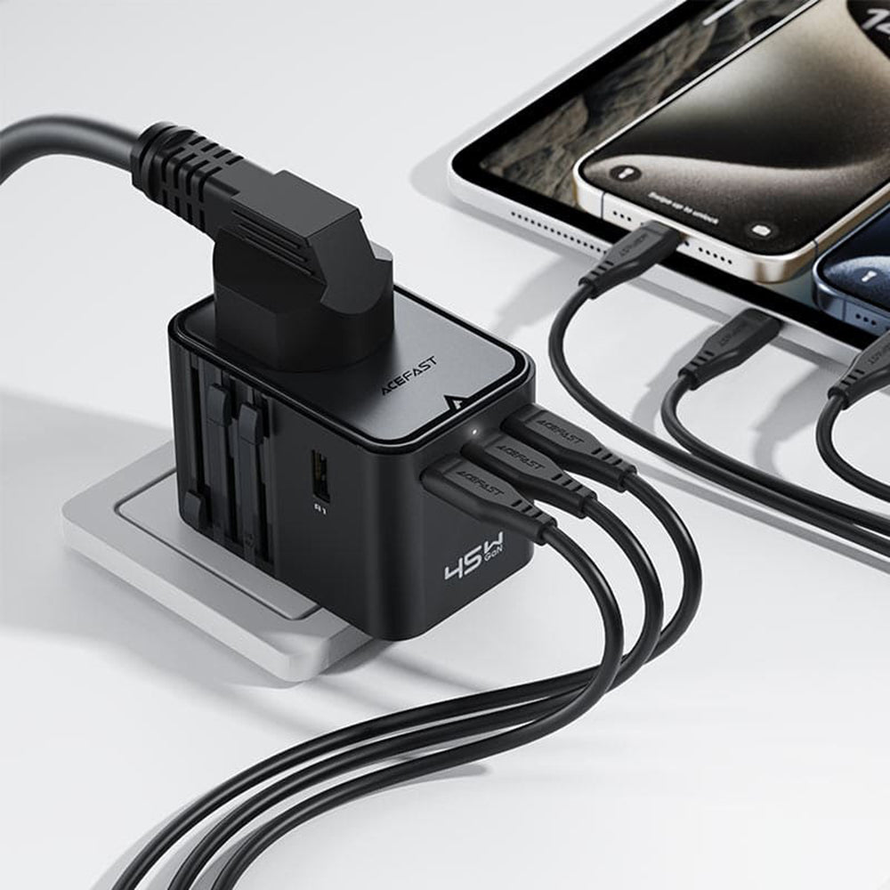 Acefast Z8 Travel Netzladegerät, 45W, 3A, 2 x USB-A - 3 x USB-C, Schwarz