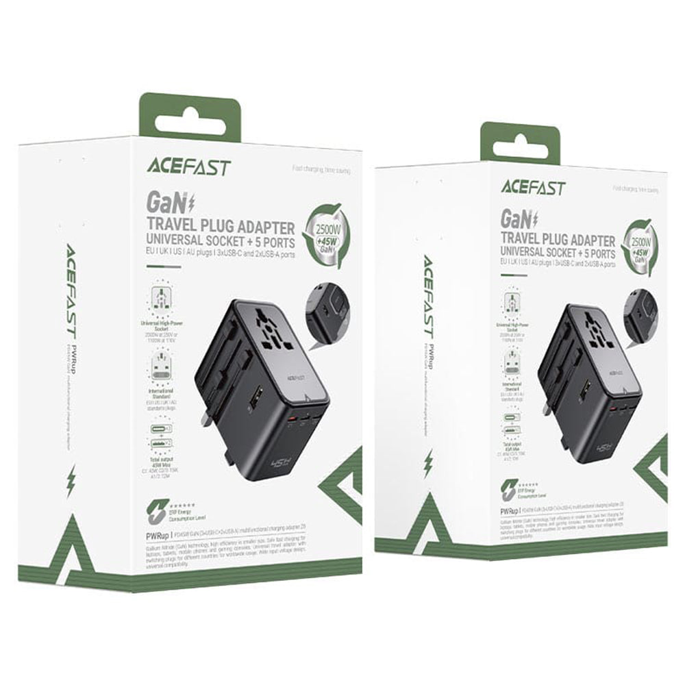 Acefast Z8 Travel Netzladegerät, 45W, 3A, 2 x USB-A - 3 x USB-C, Schwarz