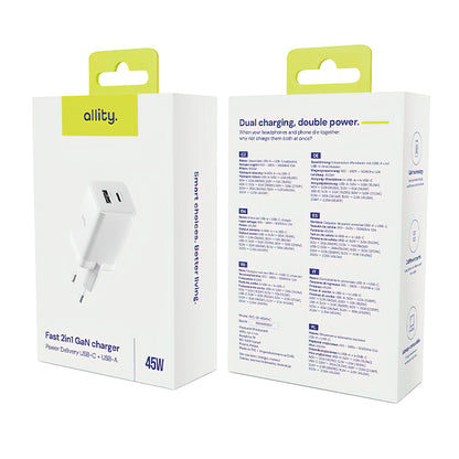 Allity Network Charger. ATC-01-45WCC Fast, 45W, 3A, 1 x USB-A - 1 x USB-C, White