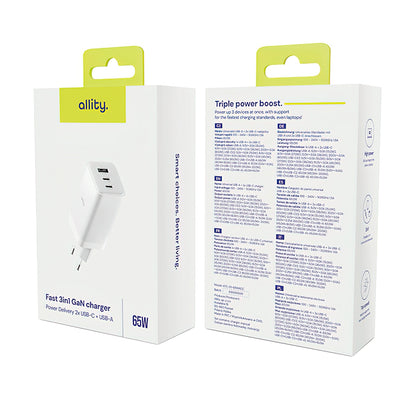 Netzladegerät Allity. ATC-01-65WACC Fast, 65W, 3.25A, 1 x USB-A - 2 x USB-C, Weiß