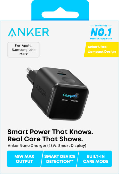 Anker Nano Display Netzladegerät, 45W, 3A, 1 x USB-C, Schwarz A121DG11