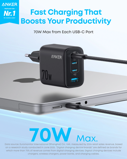 Anker Zolo Netzladegerät, 70W, 3.5A, 1 x USB-A - 3 x USB-C, Schwarz A121CG11