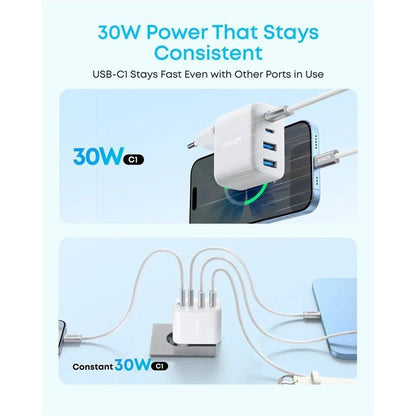 Anker Zolo Netzladegerät, 50W, 3A, 2 x USB-A - 2 x USB-C, Weiß A121EG21