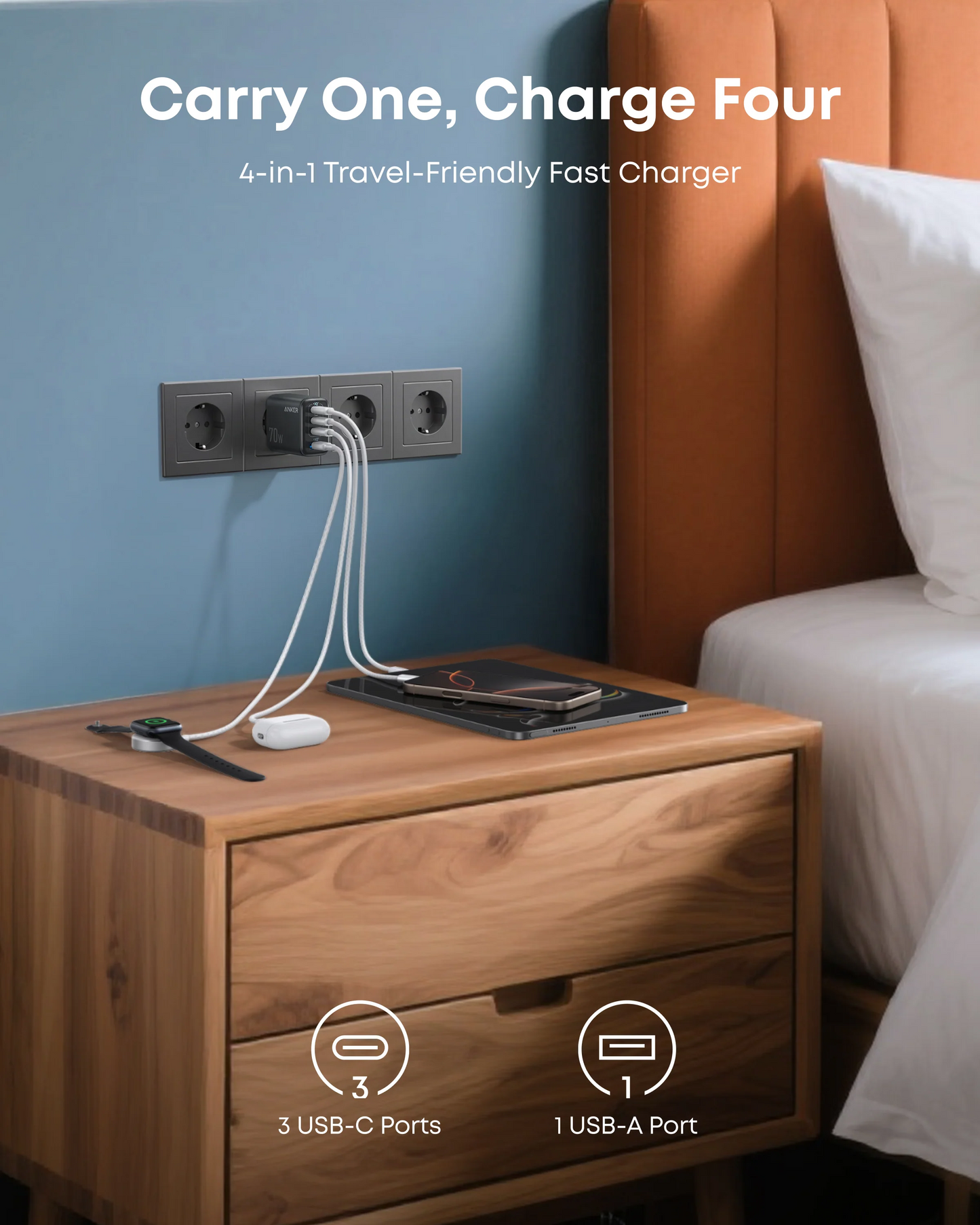 Anker Zolo Netzladegerät, 70W, 3.5A, 1 x USB-A - 3 x USB-C, Schwarz A121CG11