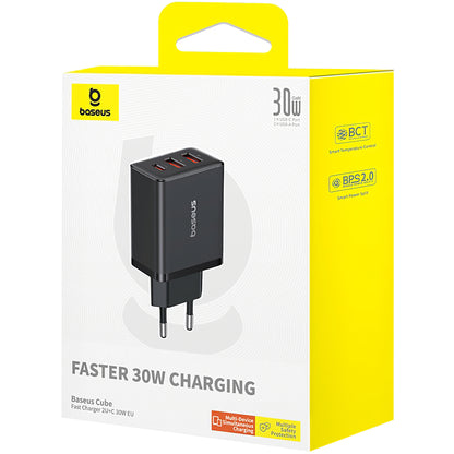 Baseus Cube Netzwerkladegerät, 30 W, 3 A, 1 x USB-C – 2 x USB-A, Schwarz P10111402113-00