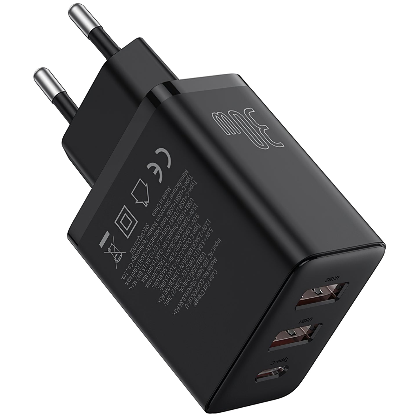 Baseus Cube Netzwerkladegerät, 30 W, 3 A, 1 x USB-C – 2 x USB-A, Schwarz P10111402113-00