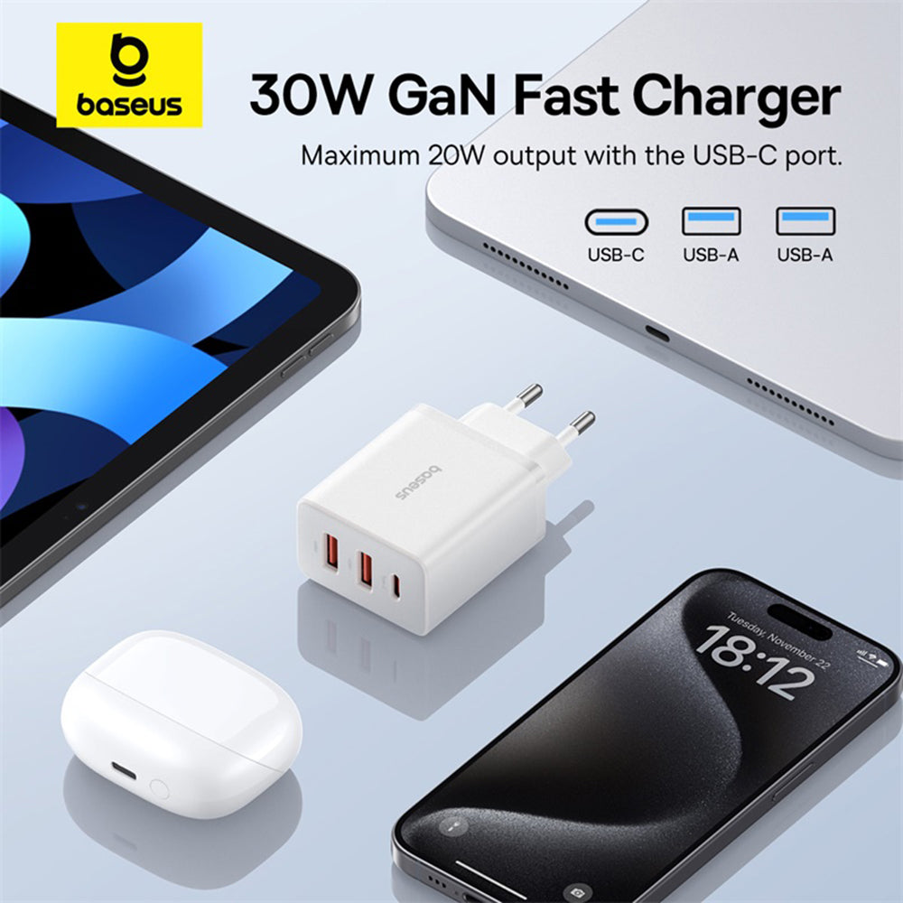 Baseus Cube Netzladegerät, 30W, 3A, 2 x USB-A - 1 x USB-C, Weiß P10111402213-00