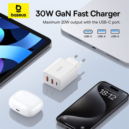 Baseus Cube Netzladegerät, 30W, 3A, 2 x USB-A - 1 x USB-C, Weiß P10111402213-00