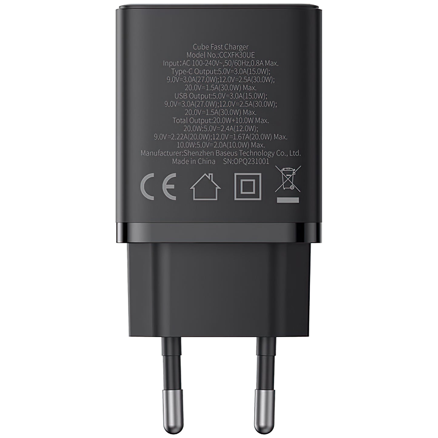 Baseus Cube Netzwerkladegerät, 30 W, 2,4 A, 1 x USB-A – 1 x USB-C, Schwarz P10111404113-00