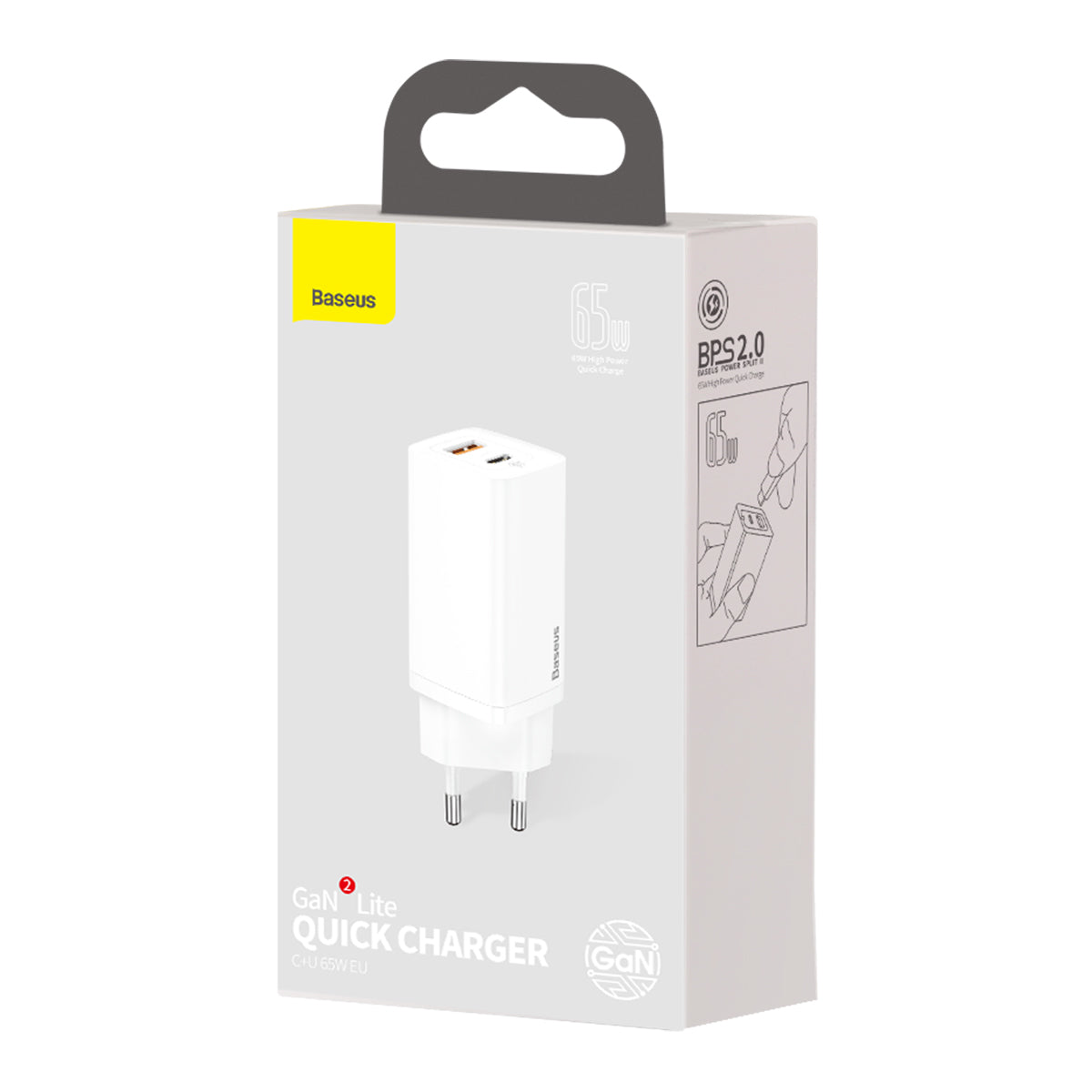 Baseus GaN2 Lite Netzwerkladegerät, 65 W, 3 A, 1 x USB-A – 1 x USB-C, Weiß CCGAN2L-B02