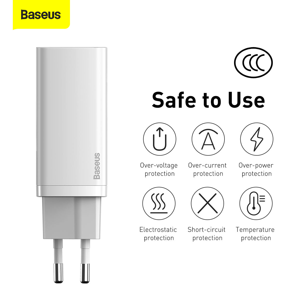 Baseus GaN2 Lite Netzwerkladegerät, 65 W, 3 A, 1 x USB-A – 1 x USB-C, Weiß CCGAN2L-B02