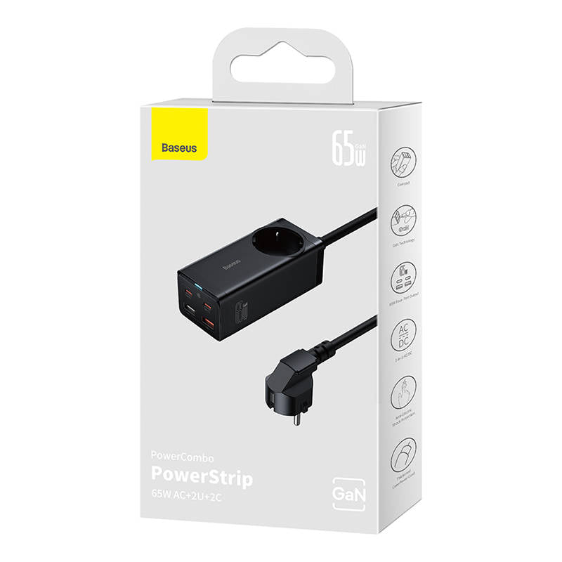 Baseus GaN3 Pro PowerStrip Netzwerk-Ladegerät, 65 W, 3 A, 1 x Schuko – 2 x USB-A – 2 x USB-C, Schwarz PSZM000901