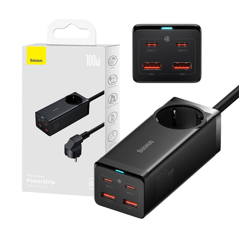 Baseus GaN3 Pro PowerStrip Netzwerkladegerät, 100 W, 5 A, 1 x Schuko – 2 x USB-A – 2 x USB-C, Schwarz PSZM000401