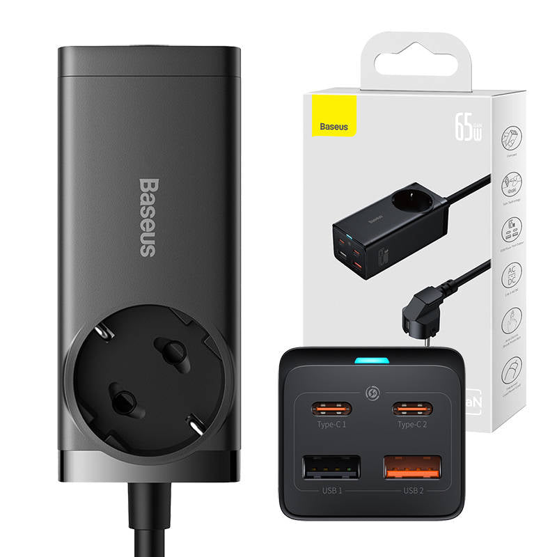 Baseus GaN3 Pro PowerStrip Netzwerk-Ladegerät, 65 W, 3 A, 1 x Schuko – 2 x USB-A – 2 x USB-C, Schwarz PSZM000901