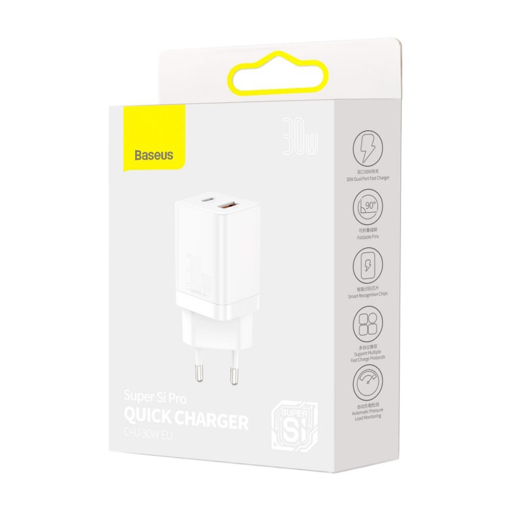 Baseus Super Si Pro Netzwerkladegerät, 30 W, 3 A, 1 x USB-A – 1 x USB-C, Weiß CCSUPP-E02