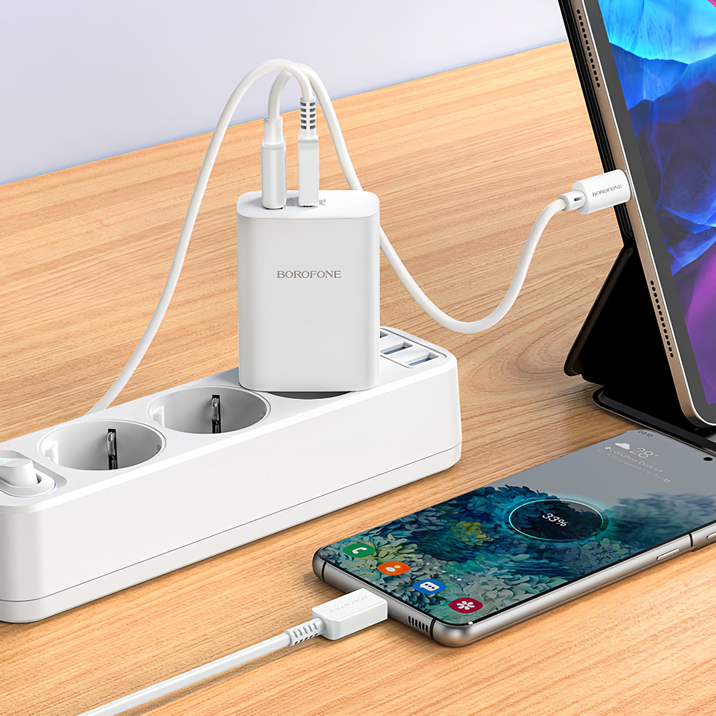 Borofone BN10 Netzwerkladegerät, 65 W, 5 A, 1 x USB-A – 1 x USB-C, Weiß