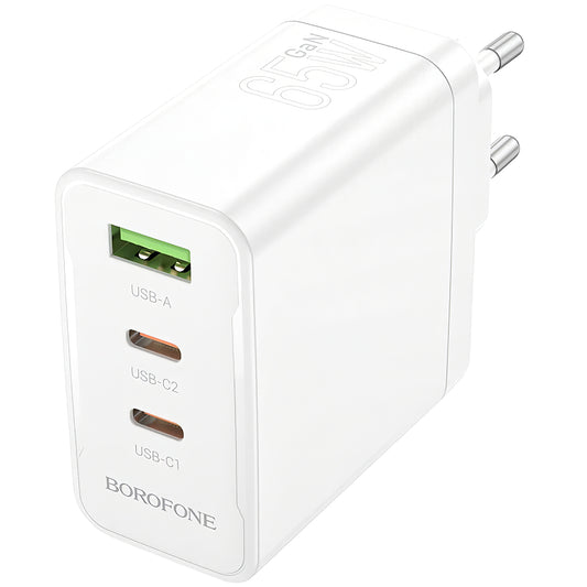 Netzwerk-Ladegerät Borofone BN12, 65W, 5A, 1 x USB-A - 2 x USB-C, Weiß