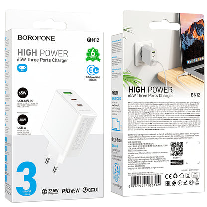 Borofone BN12 Netzwerkladegerät, 65 W, 5 A, 1 x USB-A – 2 x USB-C, Weiß