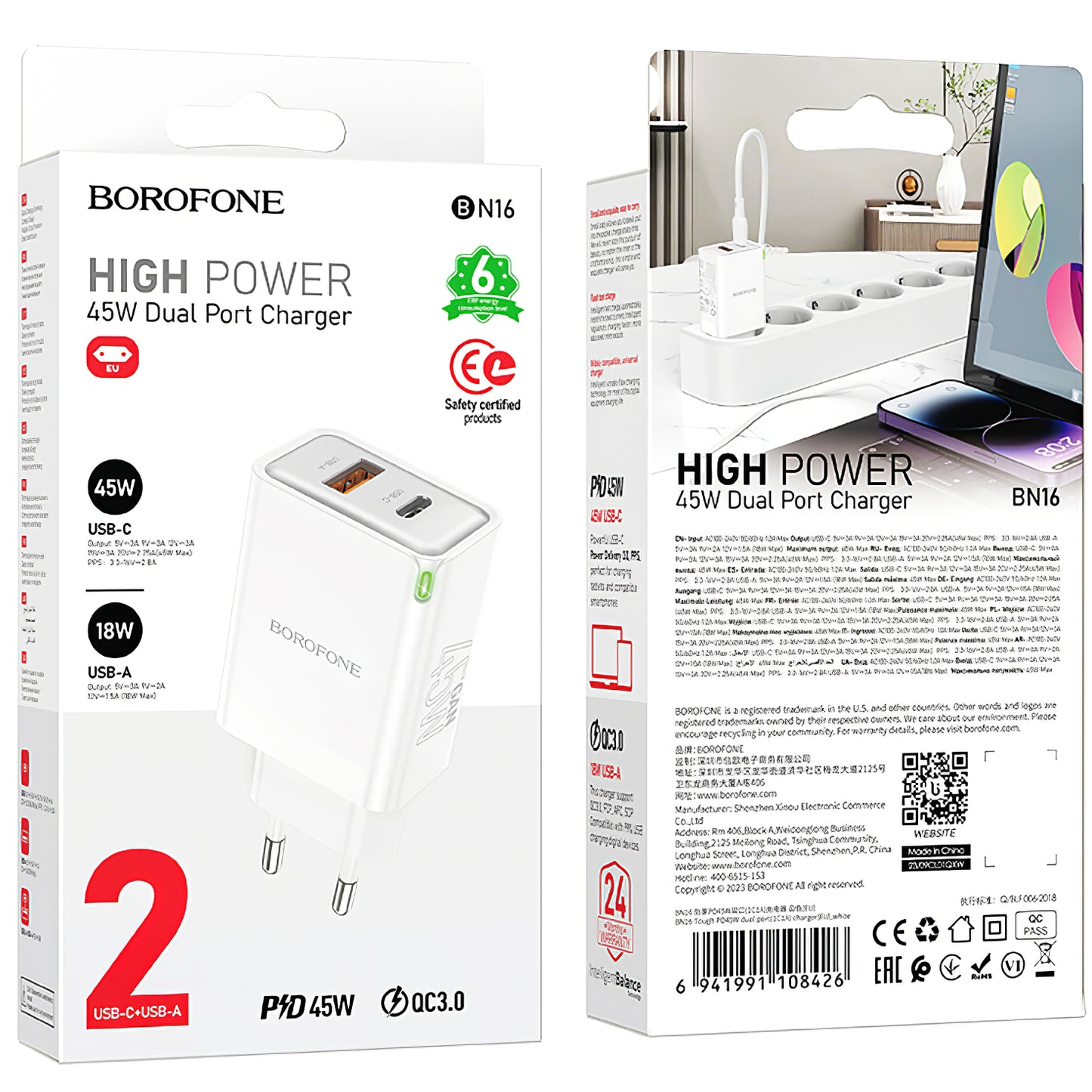 Borofone BN16 Robustes Netzwerkladegerät, 45 W, 3 A, 1 x USB-A – 1 x USB-C, Weiß