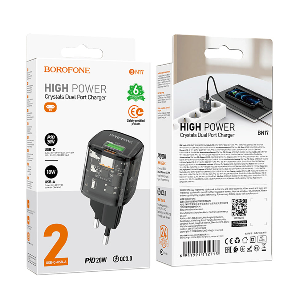 Netzladegerät Borofone BN17 Sunlight, 20W, 3A, 1 x USB-A - 1 x USB-C, Schwarz