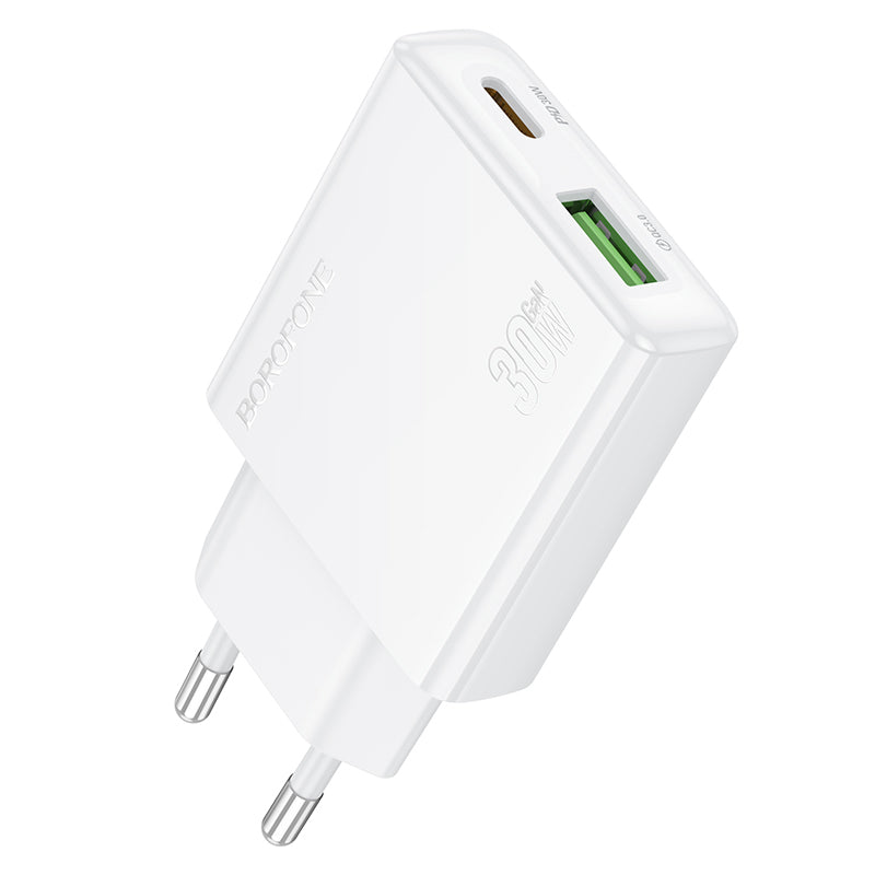 Borofone BN25 Wish Netzwerk-Ladegerät, 30 W, 3 A, 1 x USB-A – 1 x USB-C, Weiß