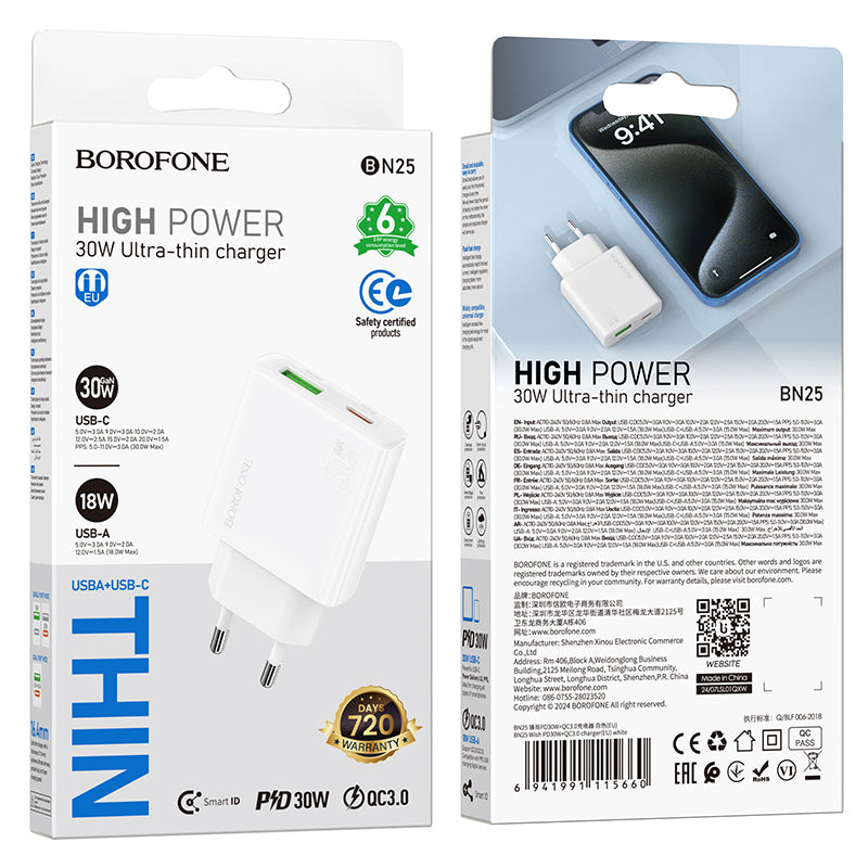 Borofone BN25 Wish Netzwerk-Ladegerät, 30 W, 3 A, 1 x USB-A – 1 x USB-C, Weiß