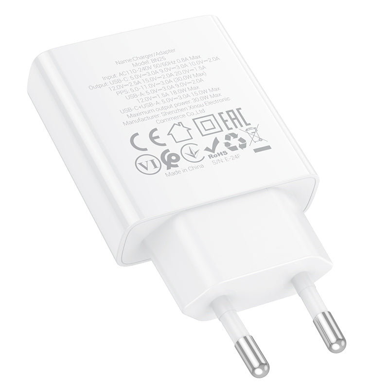 Borofone BN25 Wish Netzwerk-Ladegerät, 30 W, 3 A, 1 x USB-A – 1 x USB-C, Weiß