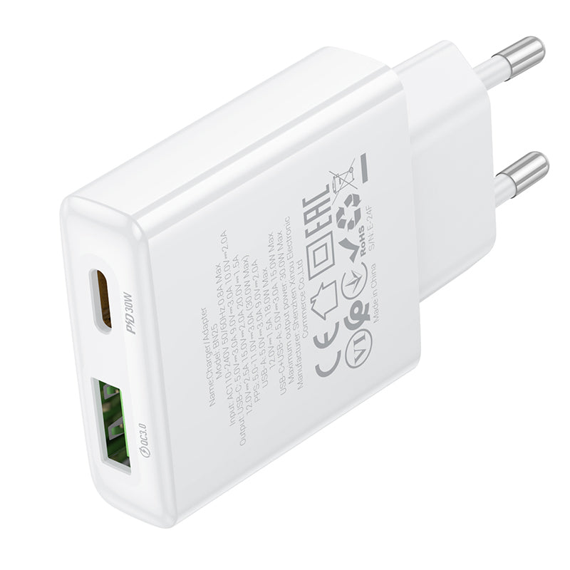 Borofone BN25 Wish Netzwerk-Ladegerät, 30 W, 3 A, 1 x USB-A – 1 x USB-C, Weiß