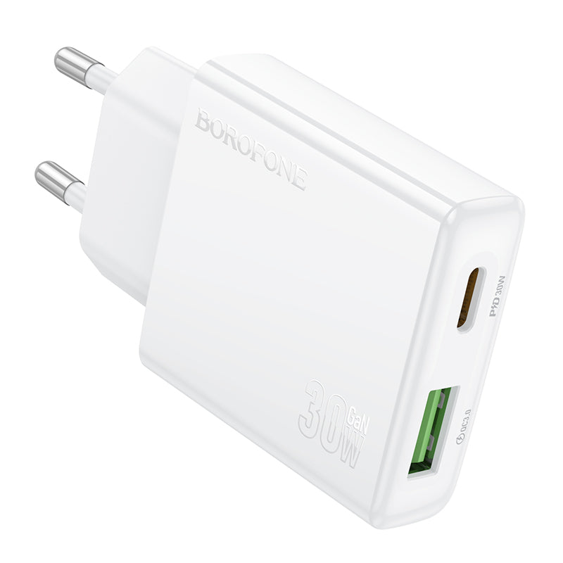 Borofone BN25 Wish Netzwerk-Ladegerät, 30 W, 3 A, 1 x USB-A – 1 x USB-C, Weiß