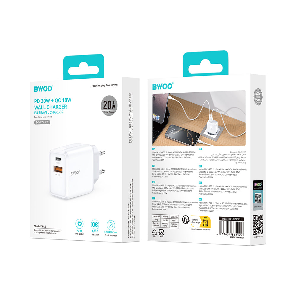 Netzladegerät BWOO CDA182, 38W, 3A, 1 x USB-A - 1 x USB-C, Weiß