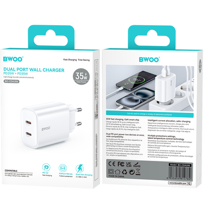 Netzteil BWOO CDA206, 35W, 3A, 2 x USB-C, Weiß