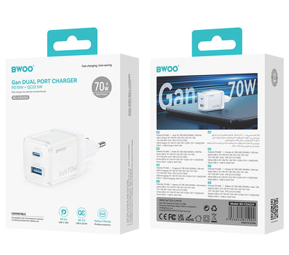 Netzladegerät BWOO CDA224, 70W, 3.25A, 1 x USB-A - 1 x USB-C, Weiß