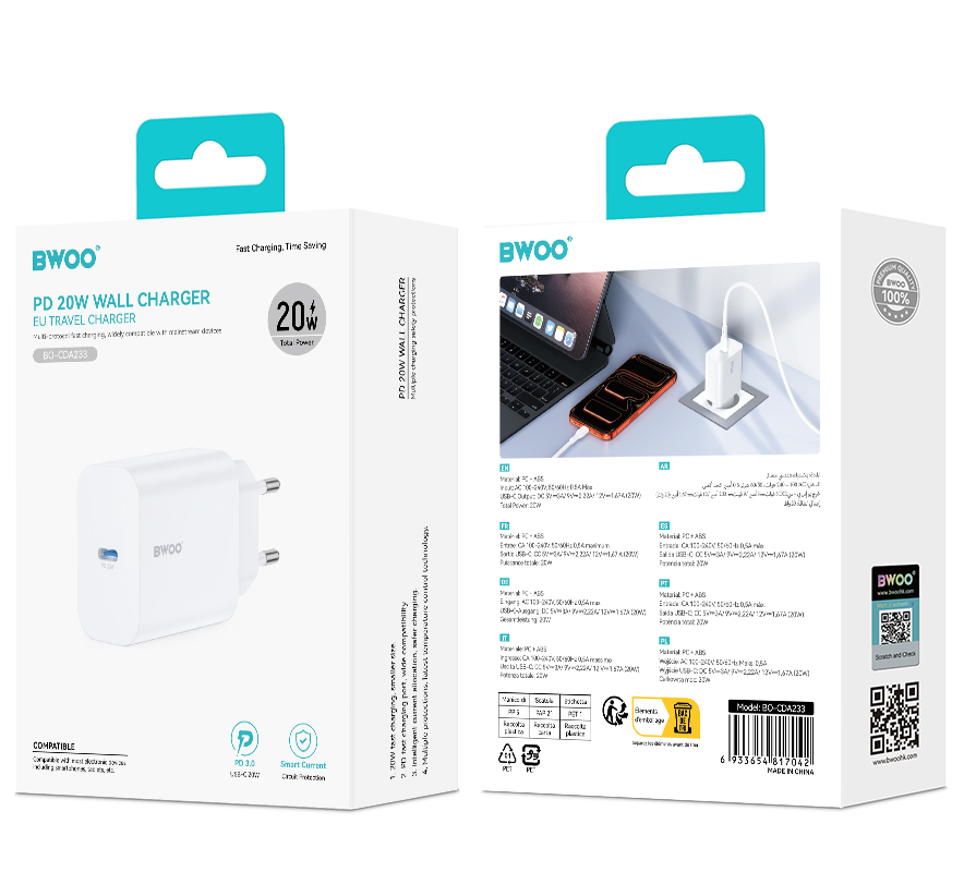 Netzladegerät BWOO CDA233, 20W, 3A, 1 x USB-C, Weiß