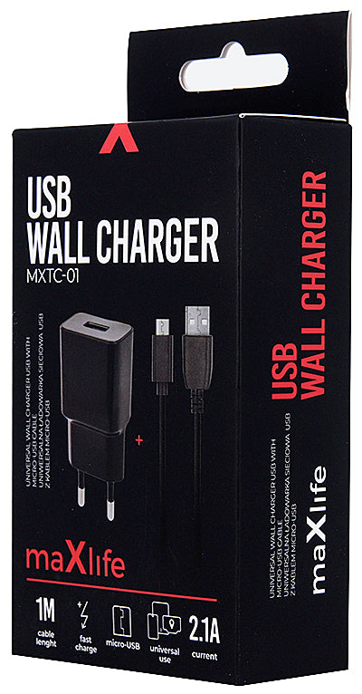 Netzwerkladegerät mit Micro-USB-Kabel MaXlife MXTC-01, 10,5 W, 2,1 A, 1 x USB-A, Schwarz