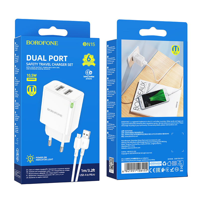 Netzwerkladegerät mit Micro-USB-Kabel Borofone BN15 Strong, 10,5 W, 2,1 A, 2 x USB-A, Weiß