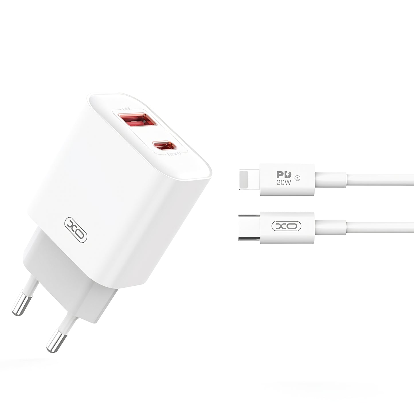 Netzwerkladegerät mit Lightning-Kabel XO Design CE12, 20 W, 3 A, 1 x USB-A – 1 x USB-C, Weiß