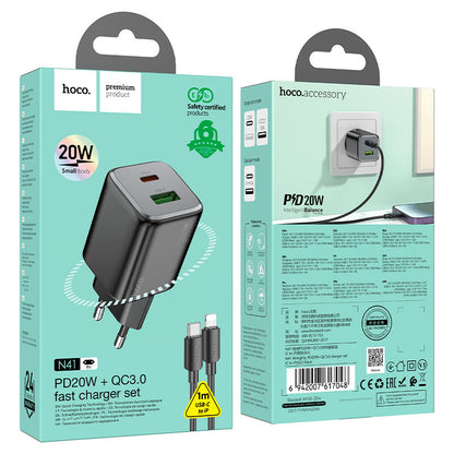 Netzladegerät mit Lightning-Kabel HOCO N41, 20W, 3A, 1 x USB-A - 1 x USB-C, Schwarz