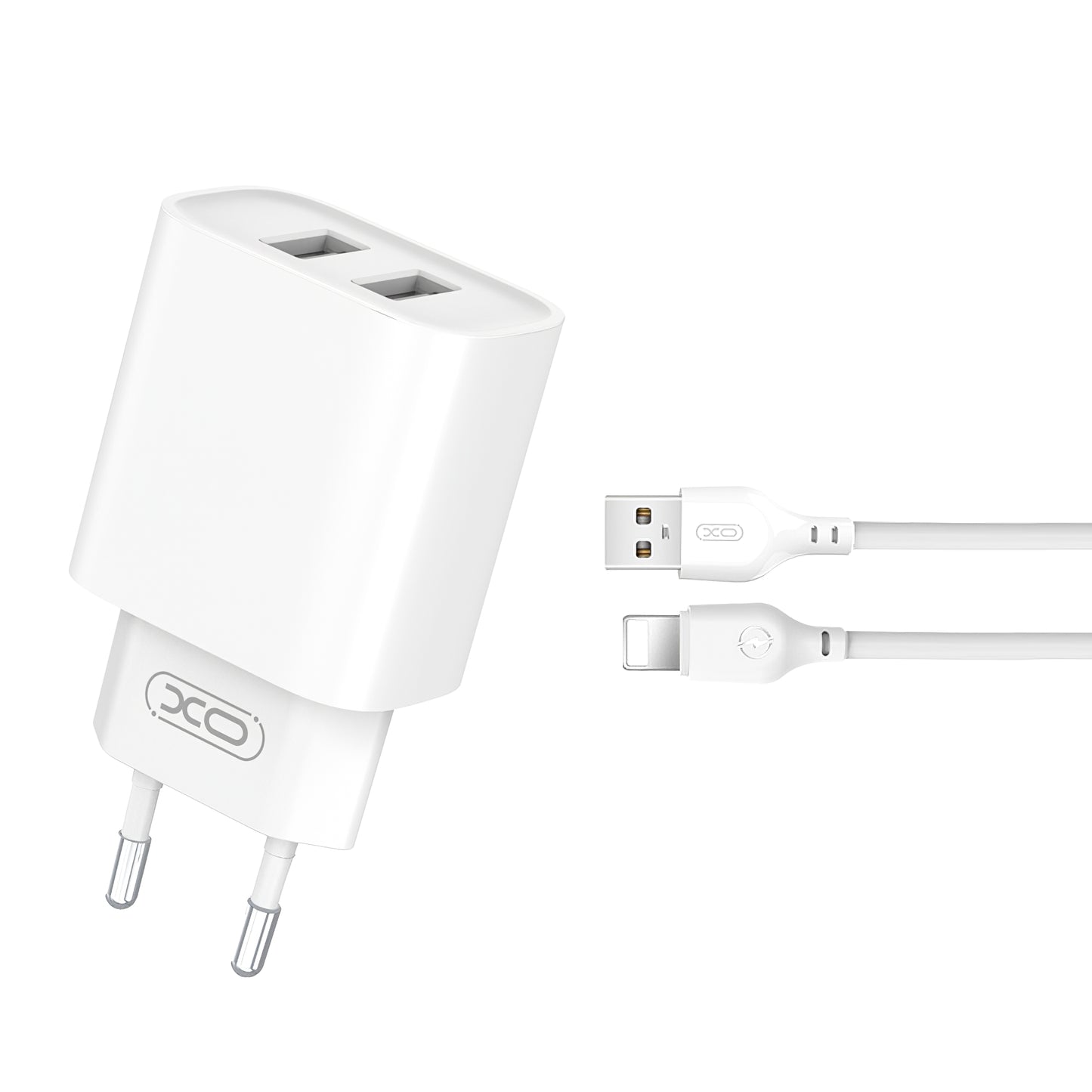 Netzwerkladegerät mit Lightning-Kabel XO Design CE02C, 10,5 W, 2,1 A, 2 x USB-A, Weiß