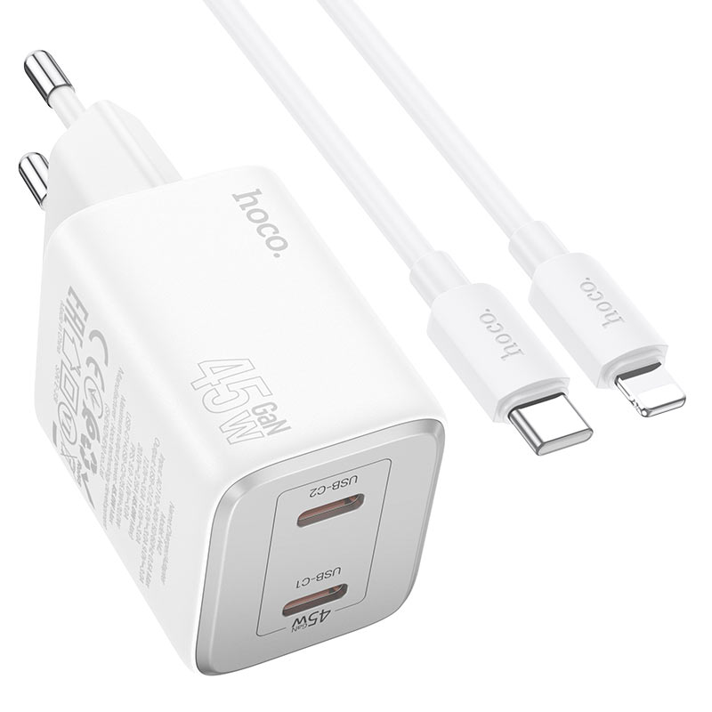 Netzwerkladegerät mit Lightning-Kabel HOCO N42, 45 W, 3 A, 2 x USB-C, Weiß