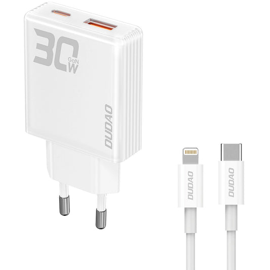 Dudao A30EUL Netzwerk-Ladegerät mit Lightning-Kabel, 30W, 3A, 1 x USB-A - 1 x USB-C, Weiß 