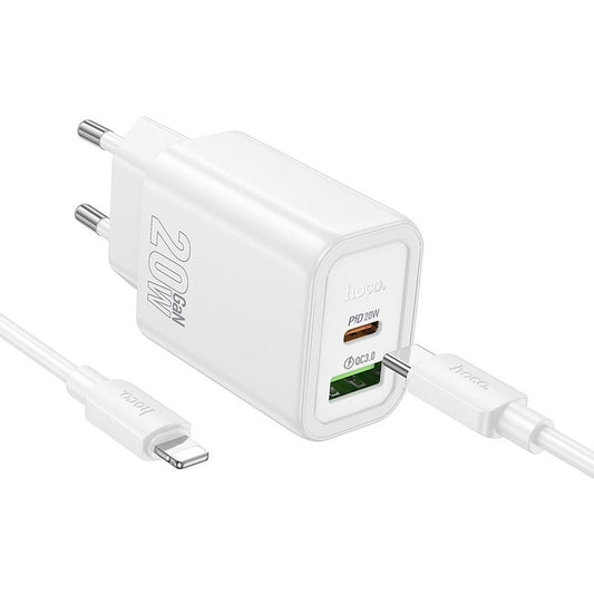 Netzladegerät mit Lightning-Kabel HOCO N61, 20W, 3A, 1 x USB-A - 1 x USB-C, Weiß
