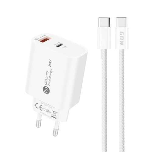 Netzladegerät mit USB-C Kabel A6MaxL, 20W, 3A, 1 x USB-A - 1 x USB-C, Weiß