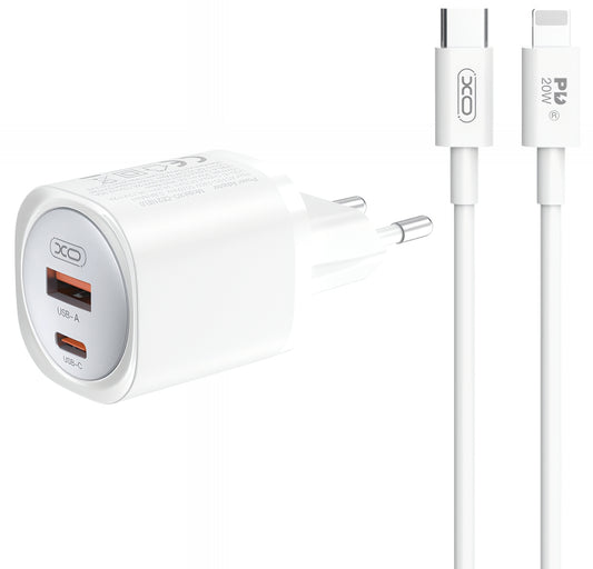 Netzladegerät mit Lightning-Kabel XO Design CE21, 30W, 3A, 1 x USB-A - 1 x USB-C, Weiß