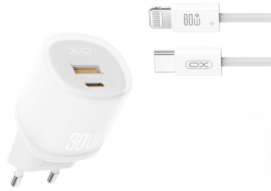 Netzladegerät mit Lightning-Kabel XO Design L151, 30W, 3A, 1 x USB-A - 1 x USB-C, Weiß