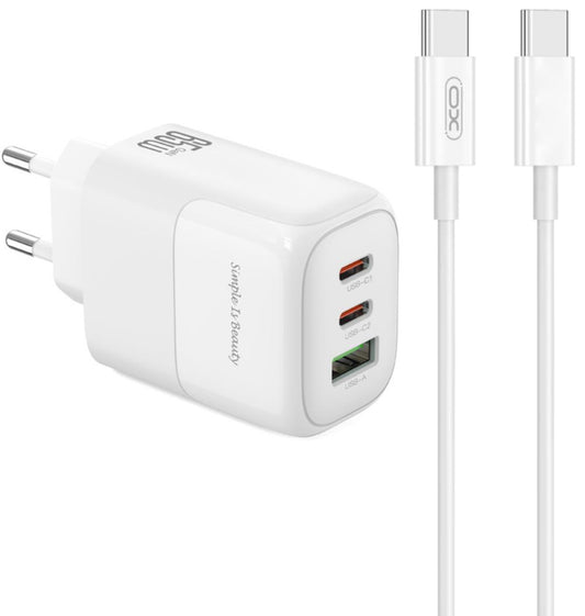 Netzladegerät mit USB-C Kabel XO Design L139, 65W, 4.5A, 1 x USB-A - 2 x USB-C, Weiß