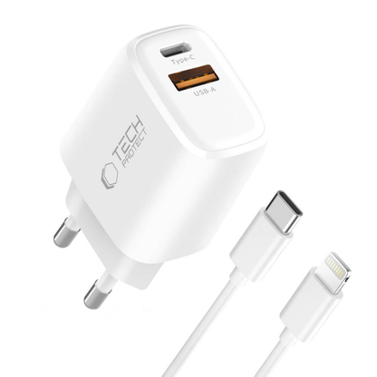 Netzteil mit Lightning-Kabel Tech-Protect NCA20, 20W, 3A, 1 x USB-A - 1 x USB-C, Weiß